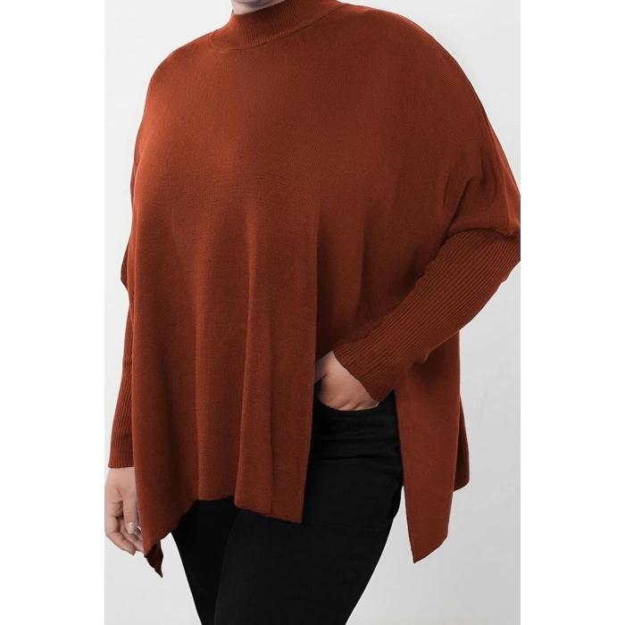 Style Modern Women Long Standard Sleeve Stand Collar Plus Size Slit Detail Relax Fit Knitwear Sweater