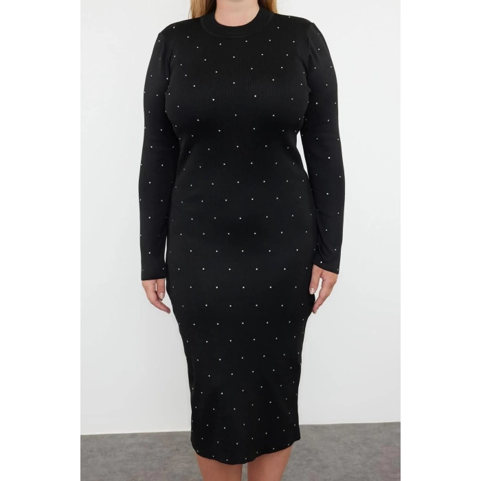 Fashion Style Fitted Crew Neck Midi Length Plus Size Stone Knit Dress