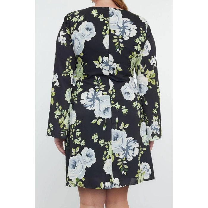 Fashion Style Fitted Boat Neck Mini Length Plus Size Floral Patterned Satin Dress