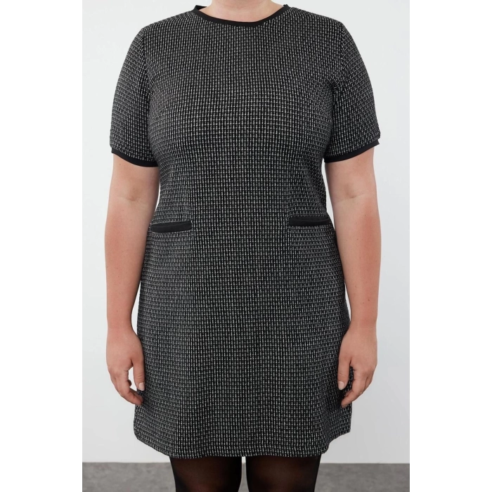 Fashion Style Relaxed Crew Neck Midi Length Plus Size Tweed Plaid Zippered Chic Woven Dress