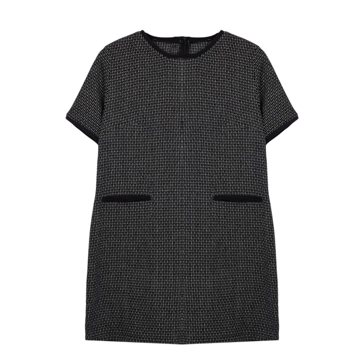 Fashion Style Relaxed Crew Neck Midi Length Plus Size Tweed Plaid Zippered Chic Woven Dress