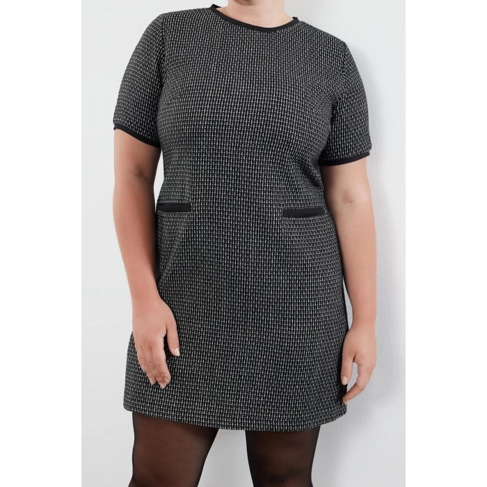Fashion Style Relaxed Crew Neck Midi Length Plus Size Tweed Plaid Zippered Chic Woven Dress