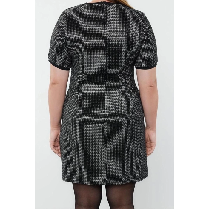 Fashion Style Relaxed Crew Neck Midi Length Plus Size Tweed Plaid Zippered Chic Woven Dress
