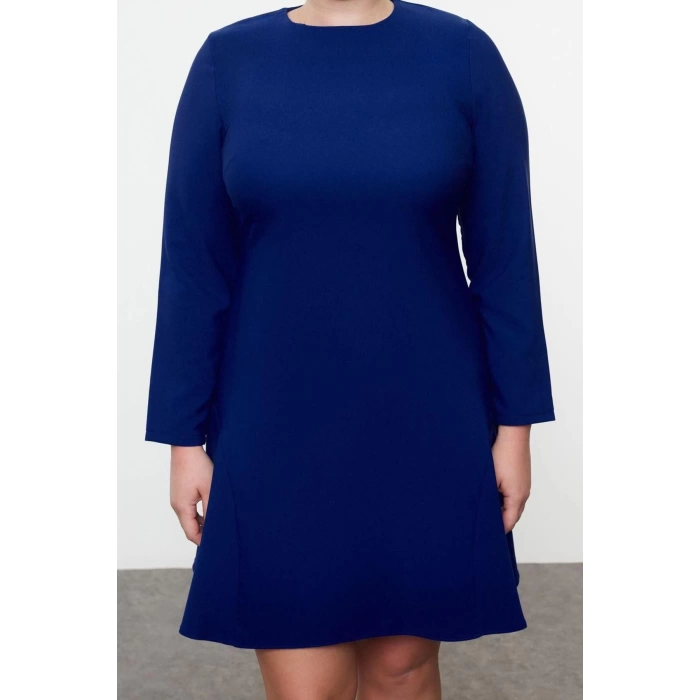 Moda Stil Fitted Bisiklet Yaka Mini Boy Büyük Beden Basic Gizli Fermuarlı Dokuma Büyük Beden Elbise