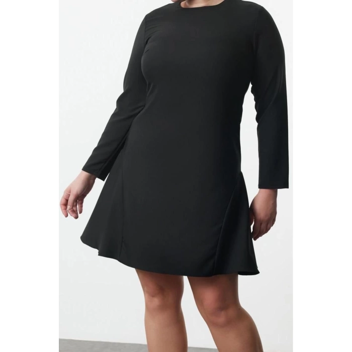 Moda Stil Fitted Bisiklet Yaka Mini Boy Büyük Beden Basic Gizli Fermuarlı Dokuma Büyük Beden Elbise