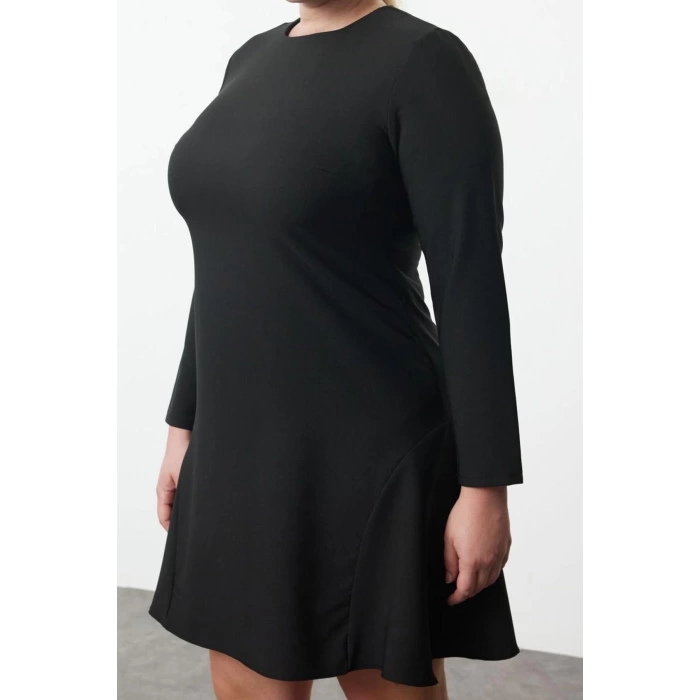 Moda Stil Fitted Bisiklet Yaka Mini Boy Büyük Beden Basic Gizli Fermuarlı Dokuma Büyük Beden Elbise