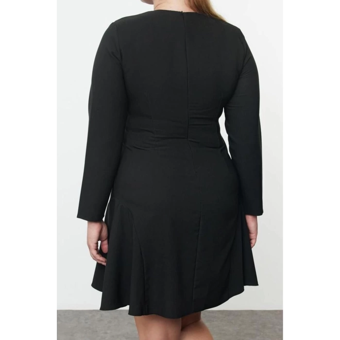 Moda Stil Fitted Bisiklet Yaka Mini Boy Büyük Beden Basic Gizli Fermuarlı Dokuma Büyük Beden Elbise