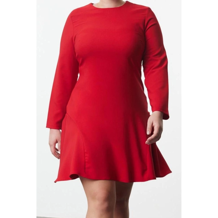 Moda Stil Fitted Bisiklet Yaka Mini Boy Büyük Beden Basic Gizli Fermuarlı Dokuma Büyük Beden Elbise
