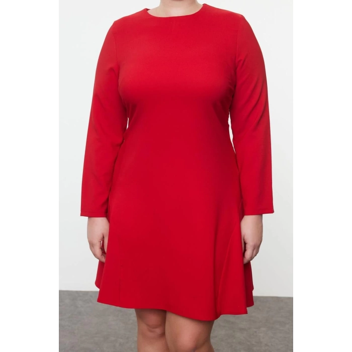 Moda Stil Fitted Bisiklet Yaka Mini Boy Büyük Beden Basic Gizli Fermuarlı Dokuma Büyük Beden Elbise