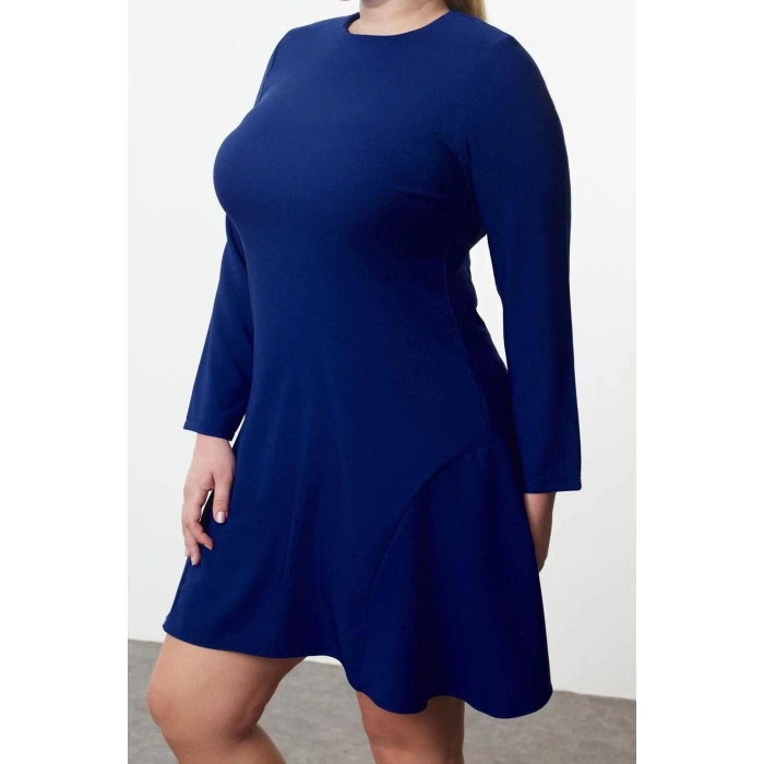 Moda Stil Fitted Bisiklet Yaka Mini Boy Büyük Beden Basic Gizli Fermuarlı Dokuma Büyük Beden Elbise
