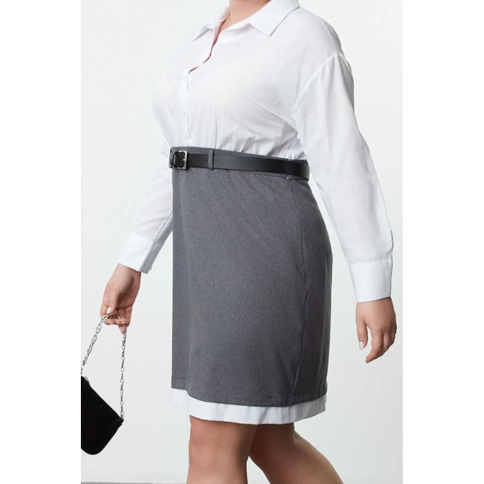 Moda Stil Fitted Gömlek Yaka Mini Boy Büyük Beden Kemerli Gömlek-Etek Büyük Beden Dokuma Elbise