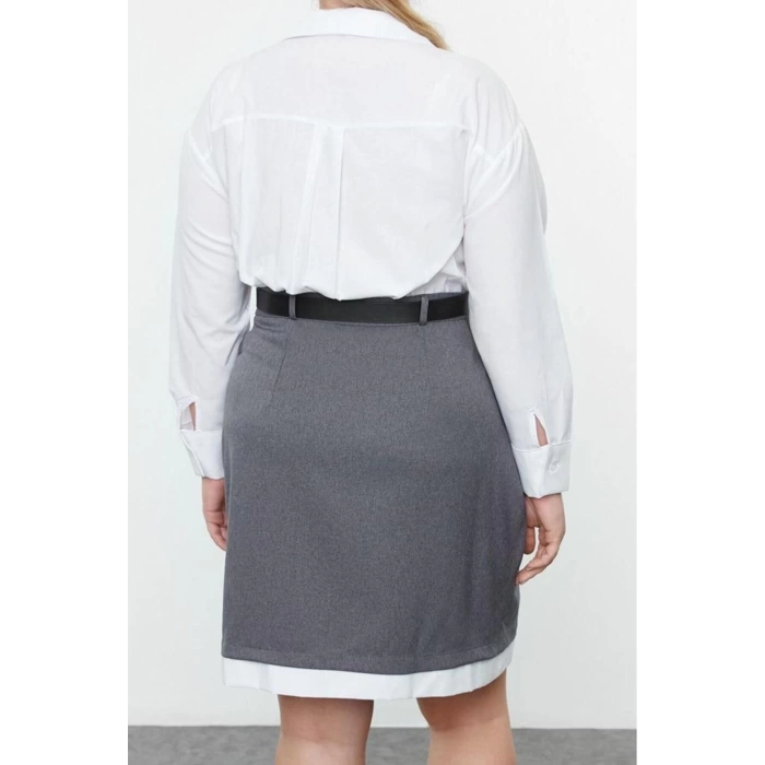 Moda Stil Fitted Gömlek Yaka Mini Boy Büyük Beden Kemerli Gömlek-Etek Büyük Beden Dokuma Elbise