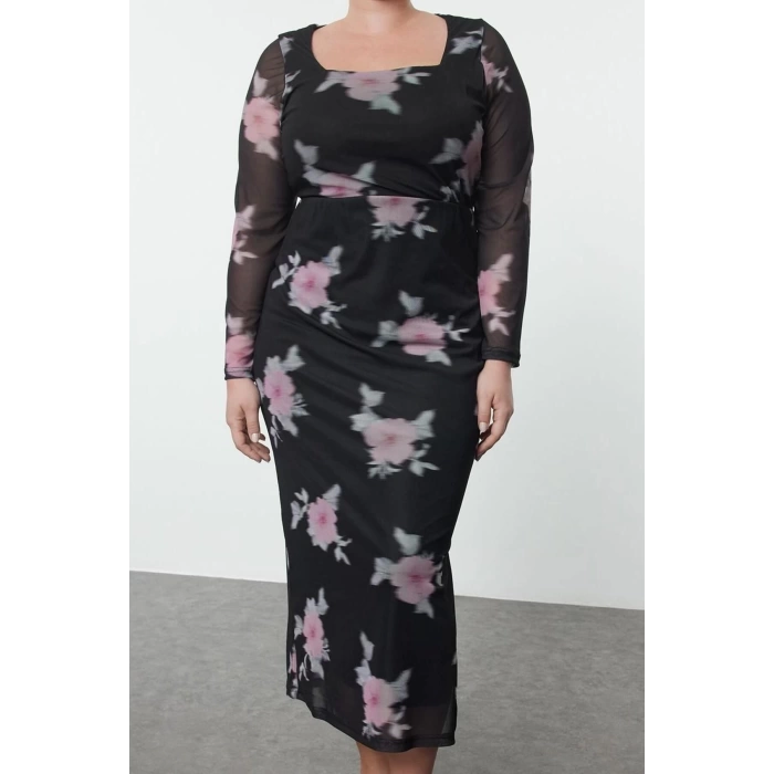Fashion Style Fitted Square Neck Maxi Length Plus Size Tulle Floral Bodycon Stretchy Knitted Pencil Dress