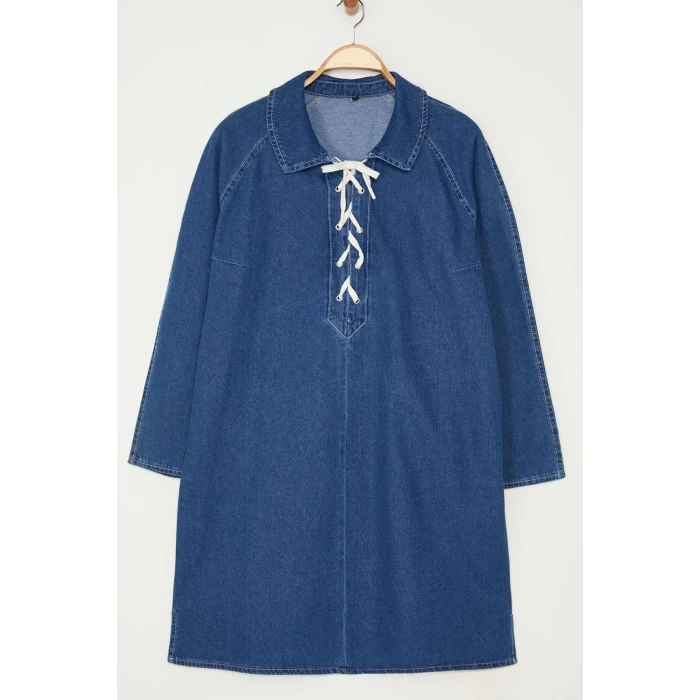 Fashion Style Denim Shirt Collar Mini Length Plus Size Rigid Lace Up Plus Size Dress