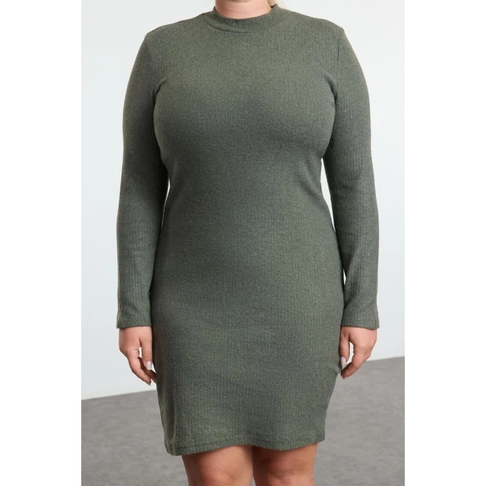 Moda Fitted Crew Neck Mini Length Plus Size Body-Fitting Ribbed Winter Knitted Plus Size Dress