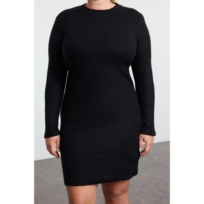 Moda Fitted Crew Neck Mini Length Plus Size Body-Fitting Ribbed Winter Knitted Plus Size Dress