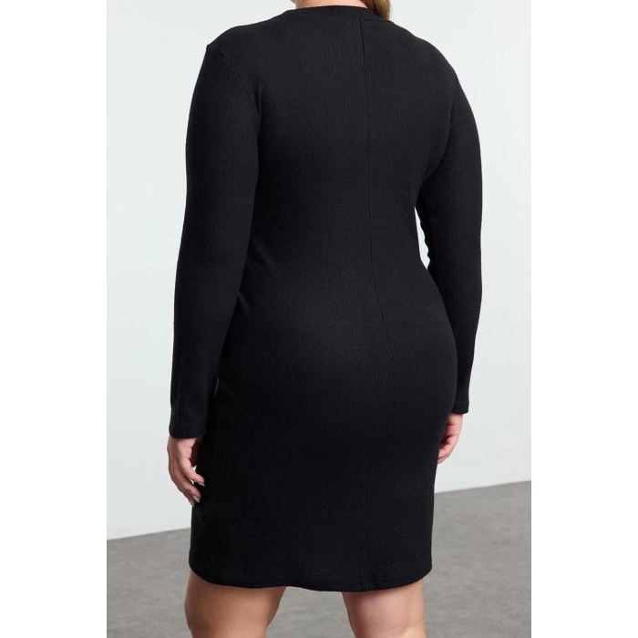 Moda Fitted Crew Neck Mini Length Plus Size Body-Fitting Ribbed Winter Knitted Plus Size Dress