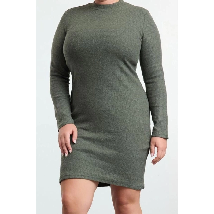 Moda Fitted Crew Neck Mini Length Plus Size Body-Fitting Ribbed Winter Knitted Plus Size Dress