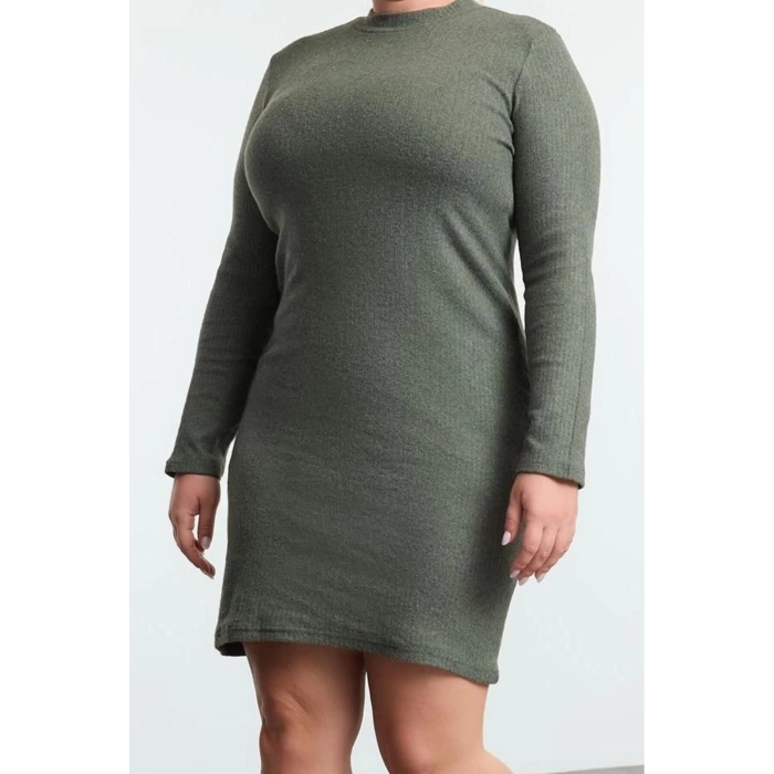 Moda Fitted Crew Neck Mini Length Plus Size Body-Fitting Ribbed Winter Knitted Plus Size Dress