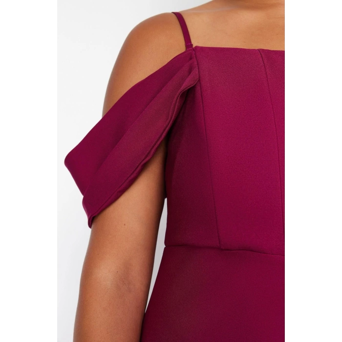 Fashion Style Fitted Carmen Collar Midi Length Plus Size Plain Bodycone Woven Plus Size Dress