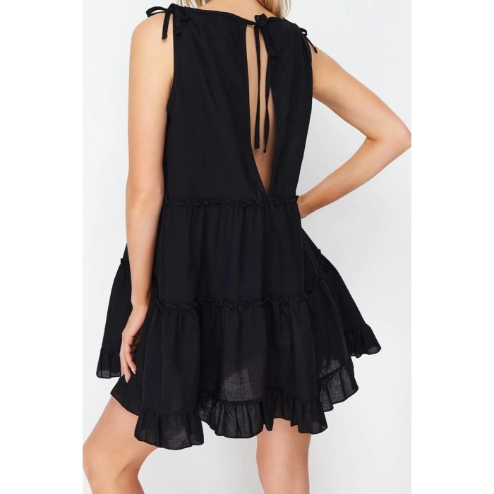 Fashion Style Relaxed V Neck Mini Length Black Wide Pattern Woven Ruffle 100% Cotton Beach Dress