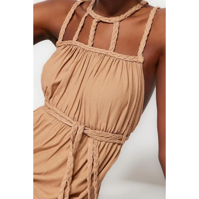 Fashion Style Regular Crew Neck Maxi Length Belted Woven Tie 100% Cotton Beach Dress