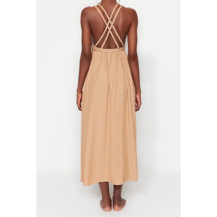 Fashion Style Regular Crew Neck Maxi Length Belted Woven Tie 100% Cotton Beach Dress