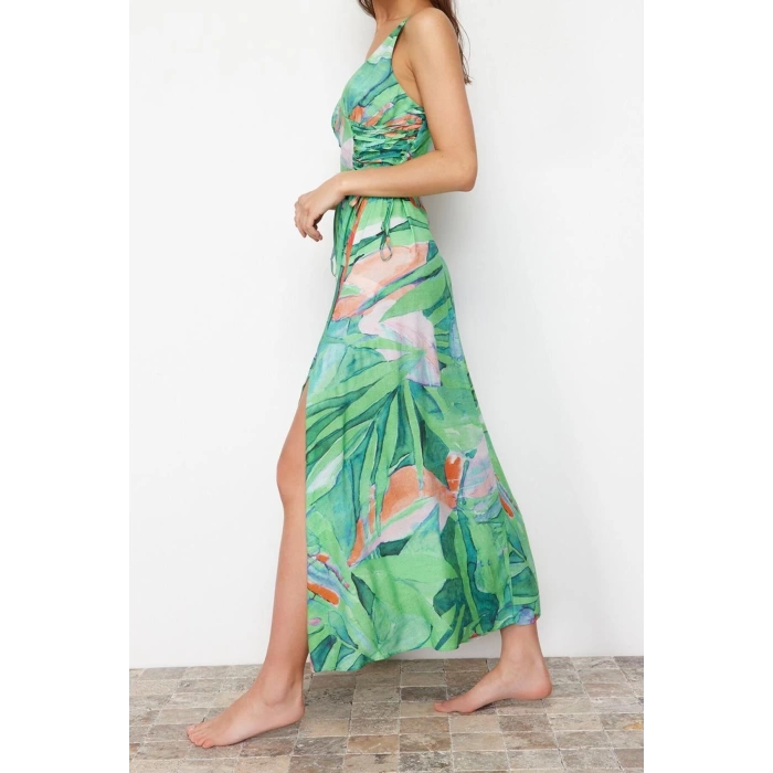 Fashion Style Relaxed V Neck Maxi Length Floral Patterned Woven Beach Dress