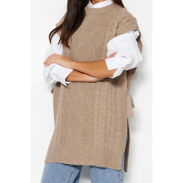 Style Modern Women Midi Low Sleeve Crew Neck Hijab Tied Waist Knitted Sweater