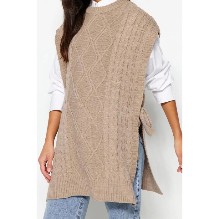 Style Modern Women Midi Low Sleeve Crew Neck Hijab Tied Waist Knitted Sweater