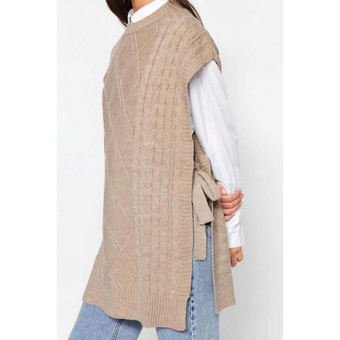 Style Modern Women Midi Low Sleeve Crew Neck Hijab Tied Waist Knitted Sweater