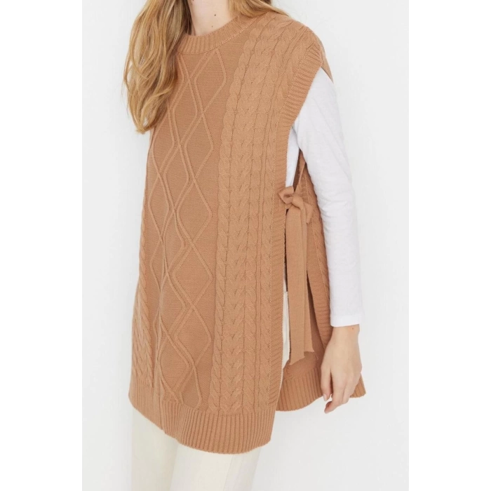 Style Modern Women Midi Low Sleeve Crew Neck Hijab Tied Waist Knitted Sweater