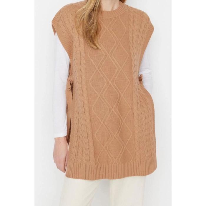 Style Modern Women Midi Low Sleeve Crew Neck Hijab Tied Waist Knitted Sweater