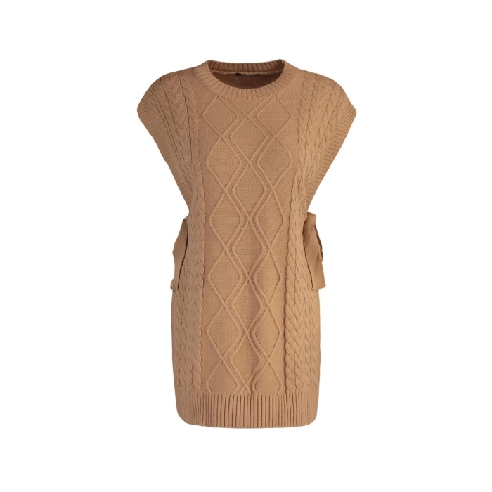 Style Modern Women Midi Low Sleeve Crew Neck Hijab Tied Waist Knitted Sweater