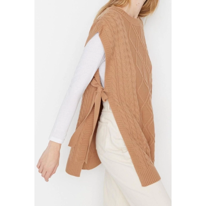 Style Modern Women Midi Low Sleeve Crew Neck Hijab Tied Waist Knitted Sweater