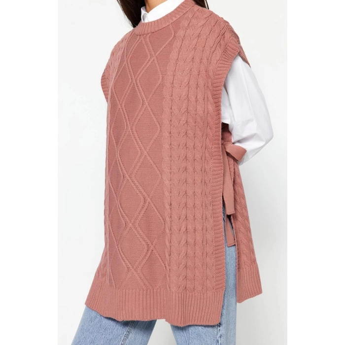 Style Modern Women Midi Low Sleeve Crew Neck Hijab Tied Waist Knitted Sweater
