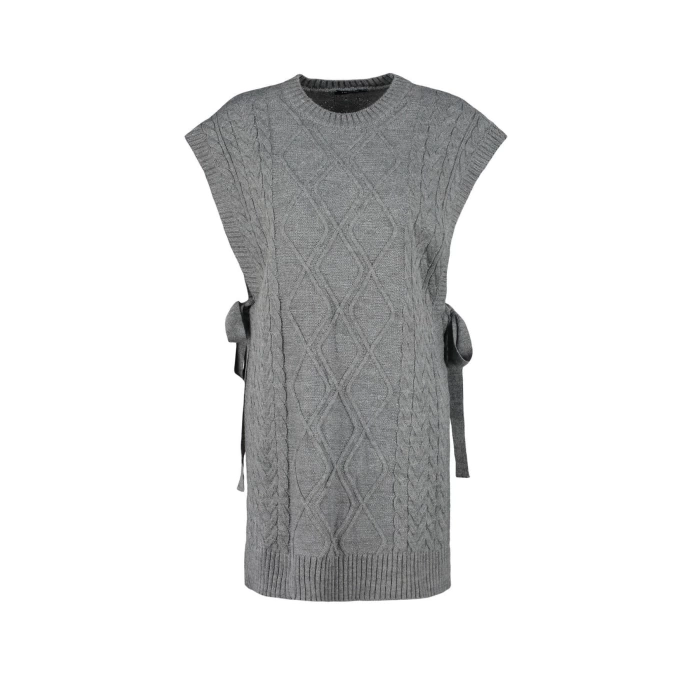Style Modern Women Midi Low Sleeve Crew Neck Hijab Tied Waist Knitted Sweater