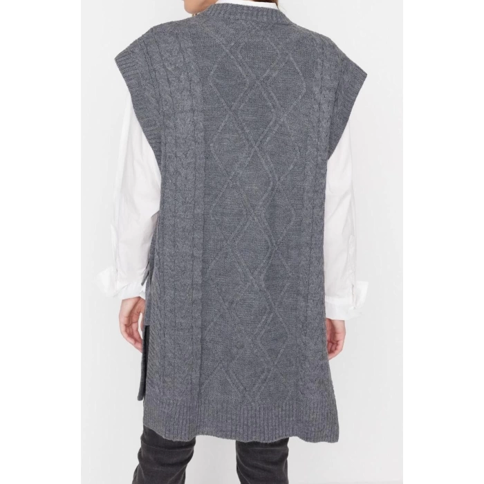 Style Modern Women Midi Low Sleeve Crew Neck Hijab Tied Waist Knitted Sweater