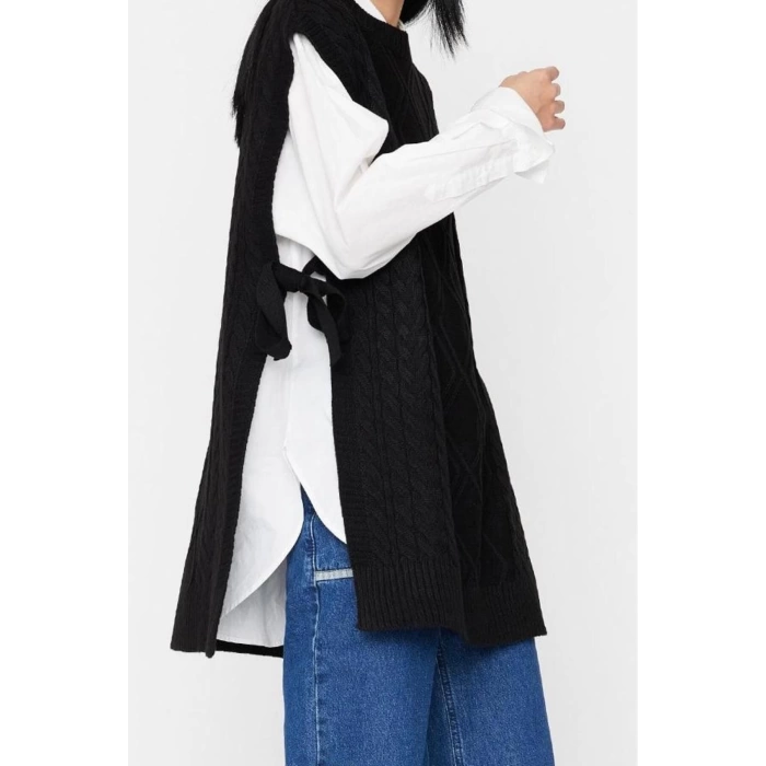 Style Modern Women Midi Low Sleeve Crew Neck Hijab Tied Waist Knitted Sweater