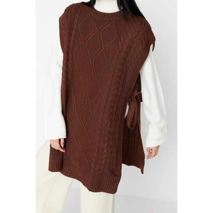 Style Modern Women Midi Low Sleeve Crew Neck Hijab Tied Waist Knitted Sweater