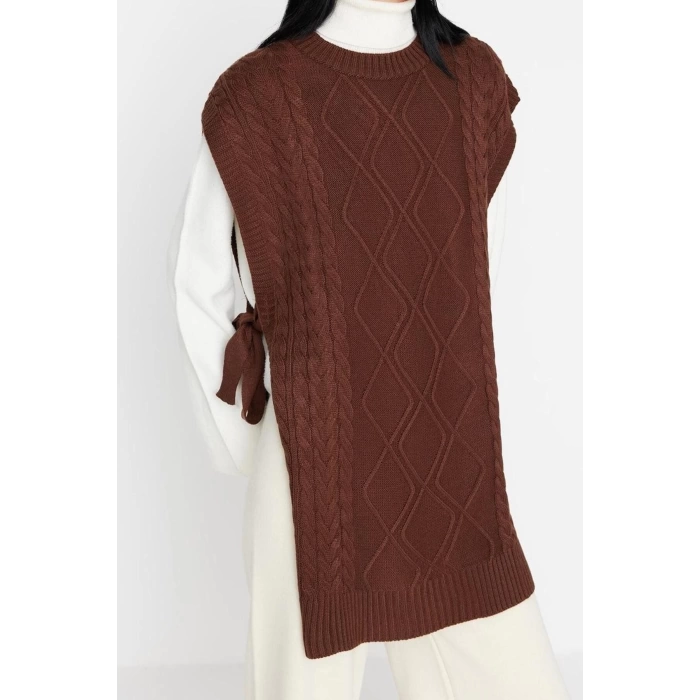 Style Modern Women Midi Low Sleeve Crew Neck Hijab Tied Waist Knitted Sweater