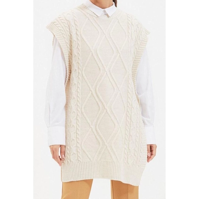 Style Modern Women Midi Low Sleeve Crew Neck Hijab Tied Waist Knitted Sweater