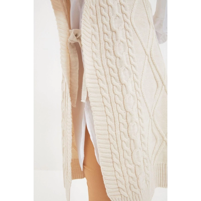 Style Modern Women Midi Low Sleeve Crew Neck Hijab Tied Waist Knitted Sweater