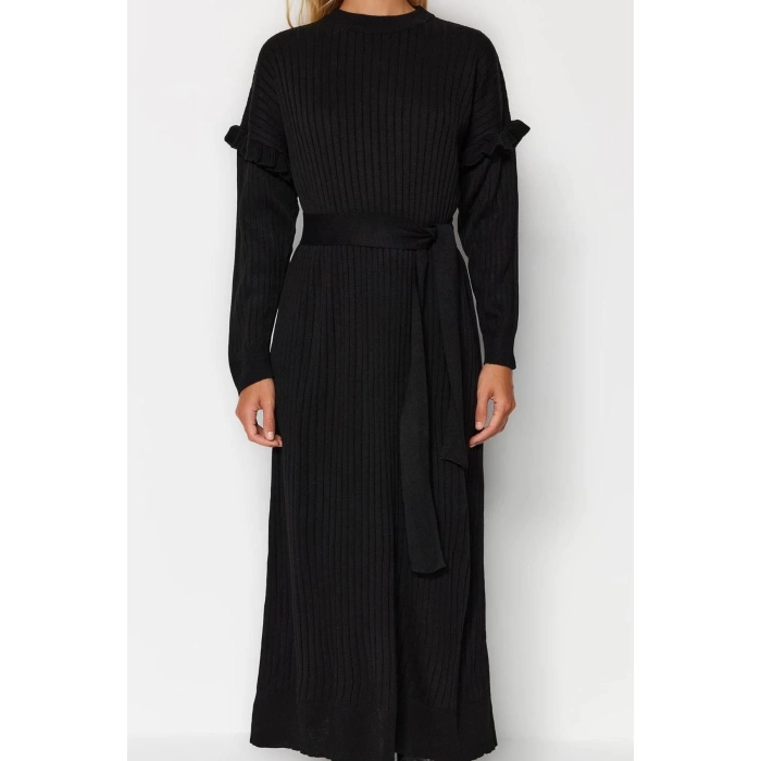 Fashion Style Regular Stand Collar Maxi Length Hijab Ruffle Detailed Rib Knit Dress