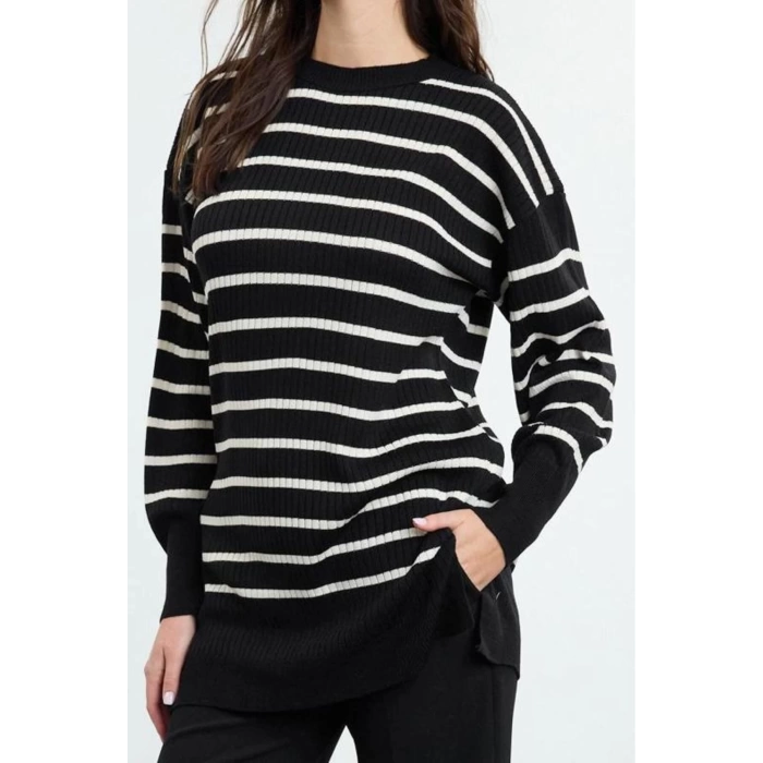 Style Modern Women Low Sleeve Stand Collar Hijab Striped Single Plate Knitwear Sweater