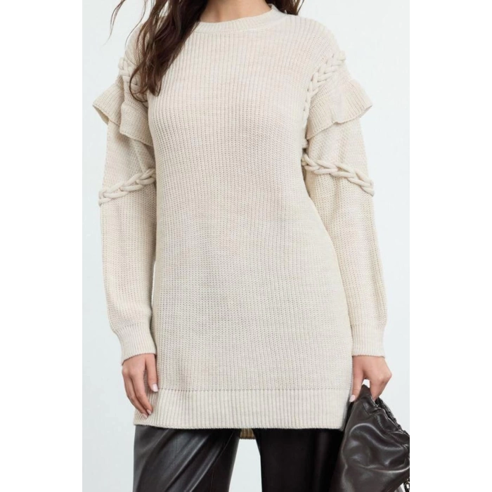 Style Modern Womens Low Sleeve Crew Neck Hijab Hair Knit Detailed Knitwear Sweater