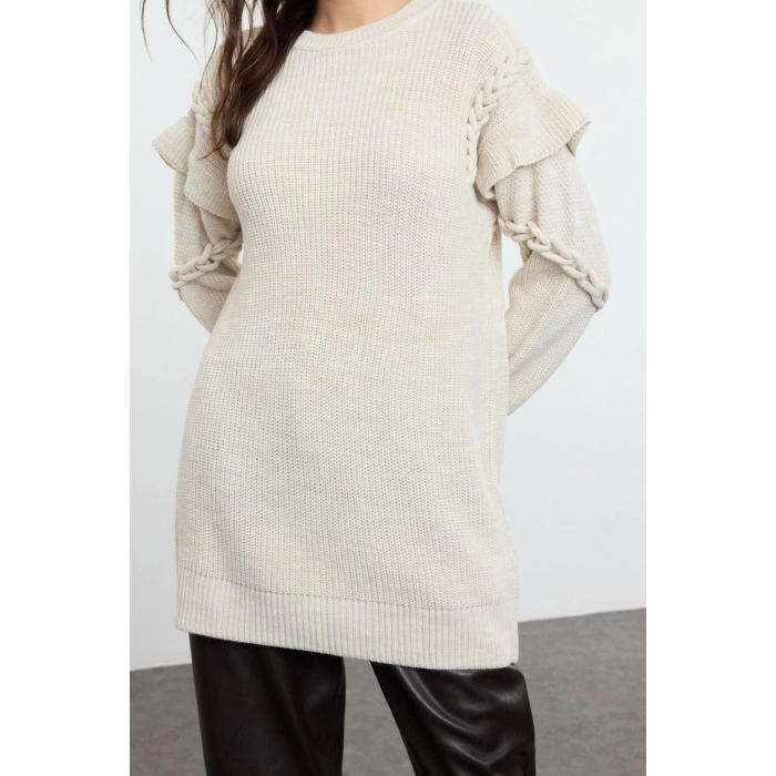 Style Modern Womens Low Sleeve Crew Neck Hijab Hair Knit Detailed Knitwear Sweater