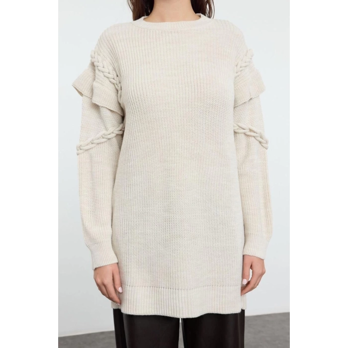 Style Modern Womens Low Sleeve Crew Neck Hijab Hair Knit Detailed Knitwear Sweater