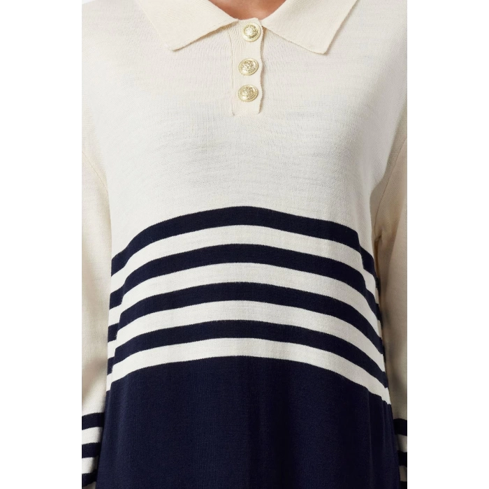 Fashion Style Relaxed Polo Neck Maxi Length Hijab Stone Color Block Knit Dress