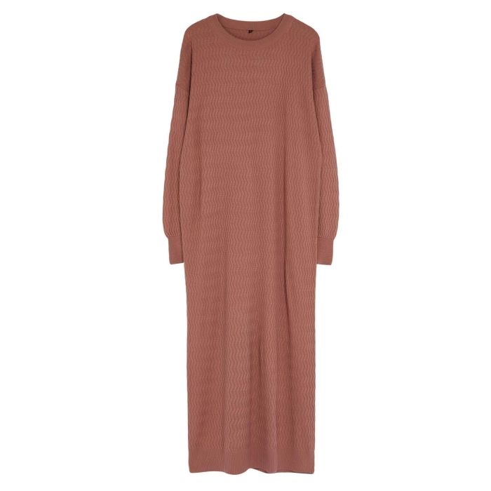 Moda Stil Relaxed Bisiklet Yaka Maxi Boy Tesettür Kendinden Desenli Triko Elbise